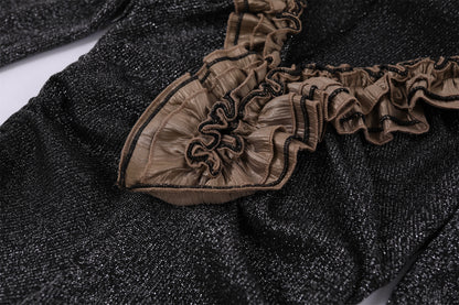 Charming Tie-Dye V Neck A-Line Maxi Dress Bohemian Grey Knit Brown Ruffle Accent Long Dress AP6766