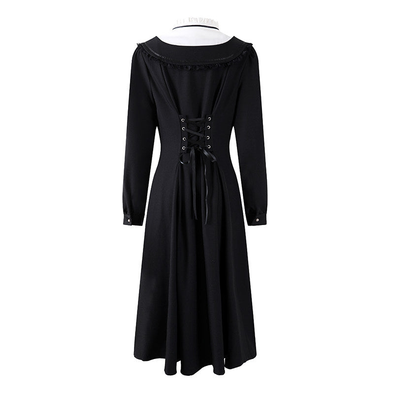 Gothic-Style White Jewel Neck Long Sleeve A-Line Maxi Dress Vintage Inspired Black Ribbon Tie Long Dress AP6767