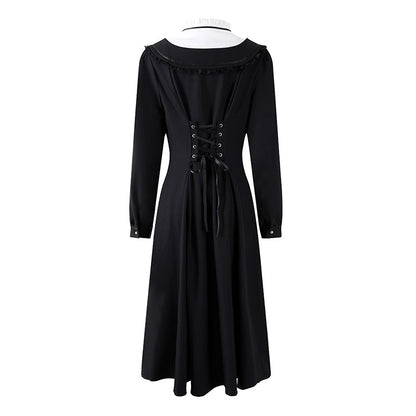 Gothic-Style White Jewel Neck Long Sleeve A-Line Maxi Dress Vintage Inspired Black Ribbon Tie Long Dress AP6767
