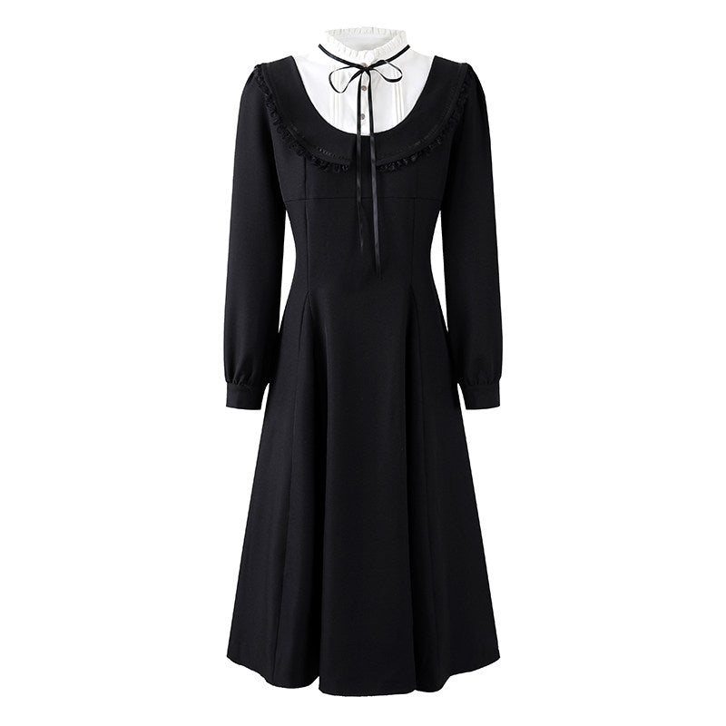 Gothic-Style White Jewel Neck Long Sleeve A-Line Maxi Dress Vintage Inspired Black Ribbon Tie Long Dress AP6767