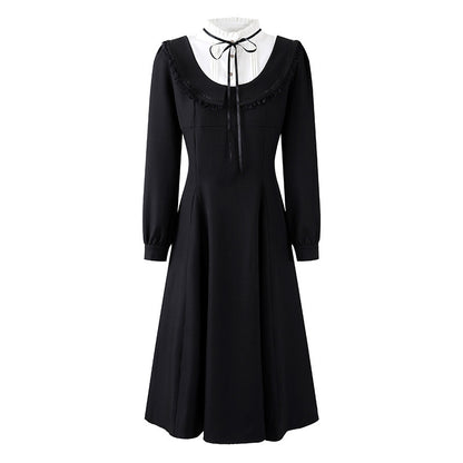 Gothic-Style White Jewel Neck Long Sleeve A-Line Maxi Dress Vintage Inspired Black Ribbon Tie Long Dress AP6767