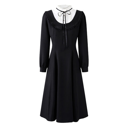 Gothic-Style White Jewel Neck Long Sleeve A-Line Maxi Dress Vintage Inspired Black Ribbon Tie Long Dress AP6767