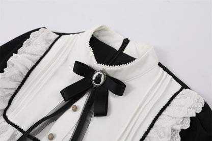 Flowy White Peter Pan Collar Long Sleeve Maxi Dress Lolita Inspired Black Corset Ribbons A-Line Long Dress AP6768