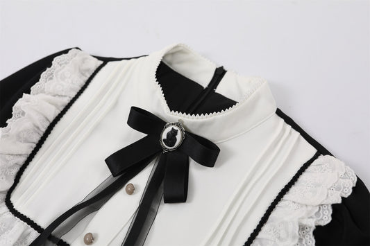 Flowy White Peter Pan Collar Long Sleeve Maxi Dress Lolita Inspired Black Corset Ribbons A-Line Long Dress AP6768