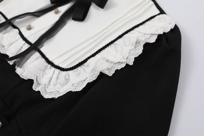 Flowy White Peter Pan Collar Long Sleeve Maxi Dress Lolita Inspired Black Corset Ribbons A-Line Long Dress AP6768