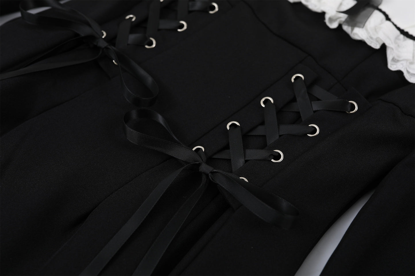 Flowy White Peter Pan Collar Long Sleeve Maxi Dress Lolita Inspired Black Corset Ribbons A-Line Long Dress AP6768