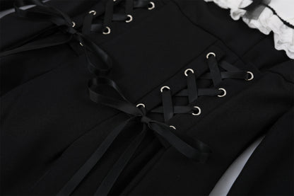 Flowy White Peter Pan Collar Long Sleeve Maxi Dress Lolita Inspired Black Corset Ribbons A-Line Long Dress AP6768