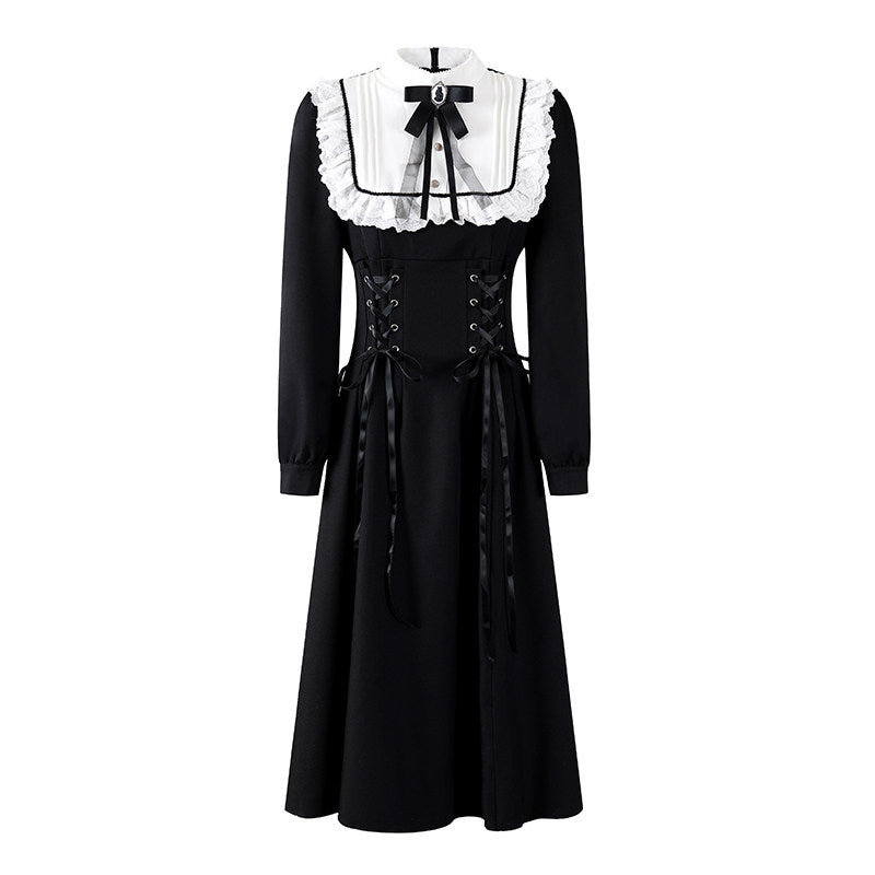 Flowy White Peter Pan Collar Long Sleeve Maxi Dress Lolita Inspired Black Corset Ribbons A-Line Long Dress AP6768