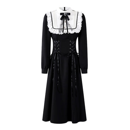 Flowy White Peter Pan Collar Long Sleeve Maxi Dress Lolita Inspired Black Corset Ribbons A-Line Long Dress AP6768