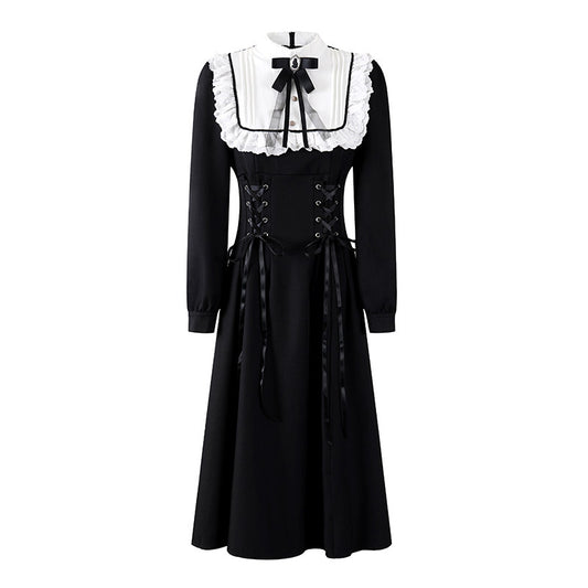 Flowy White Peter Pan Collar Long Sleeve Maxi Dress Lolita Inspired Black Corset Ribbons A-Line Long Dress AP6768