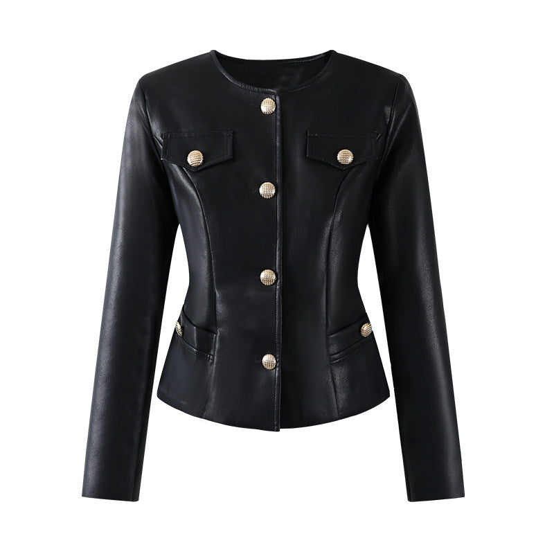 Stylish Gold Button Jacket Zip Sheath Mini Skirt Vintage Inspired Black Faux Leather Two-Piece Set Edgy Outfits AP6769