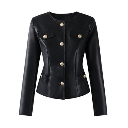 Stylish Gold Button Jacket Zip Sheath Mini Skirt Vintage Inspired Black Faux Leather Two-Piece Set Edgy Outfits AP6769