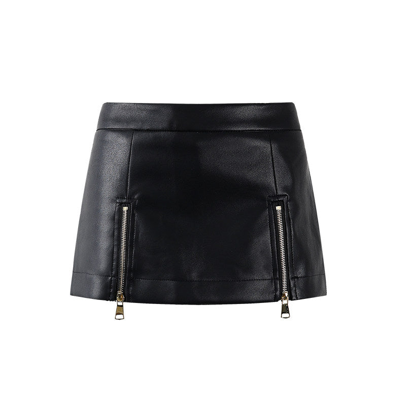Stylish Gold Button Jacket Zip Sheath Mini Skirt Vintage Inspired Black Faux Leather Two-Piece Set Edgy Outfits AP6769