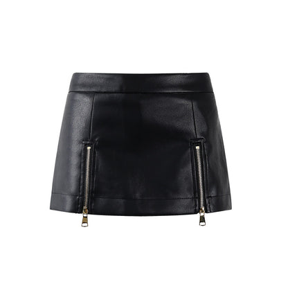 Stylish Gold Button Jacket Zip Sheath Mini Skirt Vintage Inspired Black Faux Leather Two-Piece Set Edgy Outfits AP6769