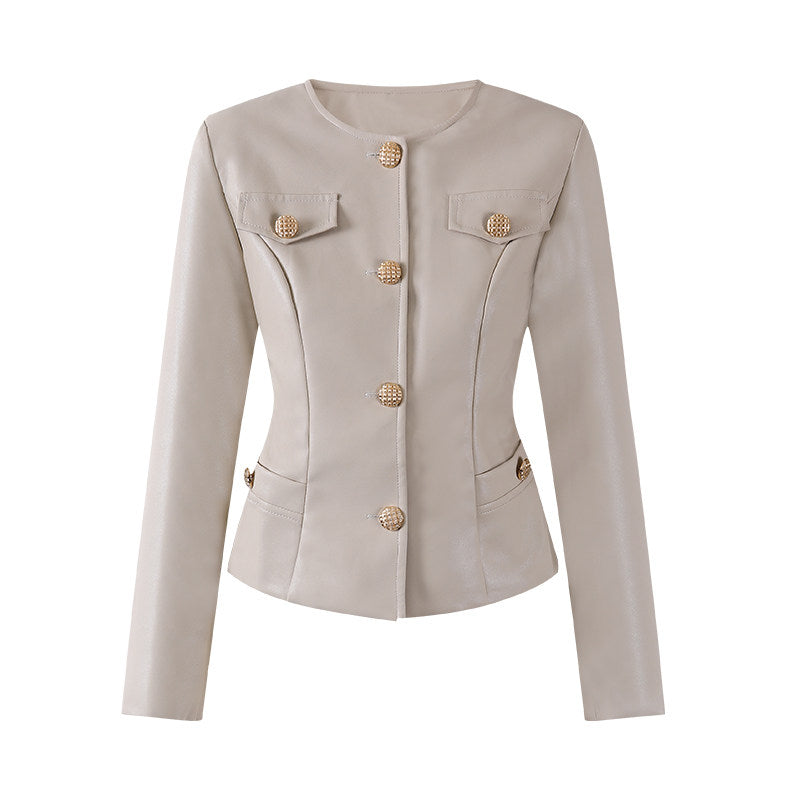 Stylish Gold Button Jacket Zip Sheath Mini Skirt Vintage Inspired Black Faux Leather Two-Piece Set Edgy Outfits AP6769