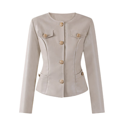Stylish Gold Button Jacket Zip Sheath Mini Skirt Vintage Inspired Black Faux Leather Two-Piece Set Edgy Outfits AP6769