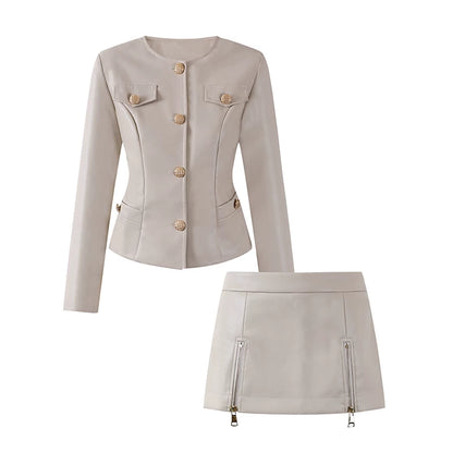 Stylish Gold Button Jacket Zip Sheath Mini Skirt Vintage Inspired Black Faux Leather Two-Piece Set Edgy Outfits AP6769
