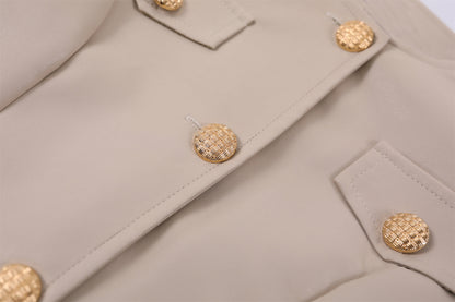 Stylish Gold Button Jacket Zip Sheath Mini Skirt Vintage Inspired Black Faux Leather Two-Piece Set Edgy Outfits AP6769