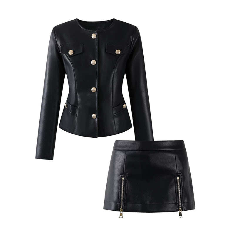Stylish Gold Button Jacket Zip Sheath Mini Skirt Vintage Inspired Black Faux Leather Two-Piece Set Edgy Outfits AP6769