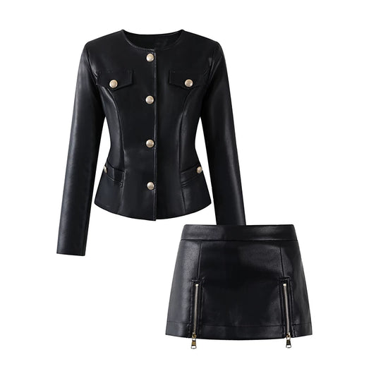 Stylish Gold Button Jacket Zip Sheath Mini Skirt Vintage Inspired Black Faux Leather Two-Piece Set Edgy Outfits AP6769