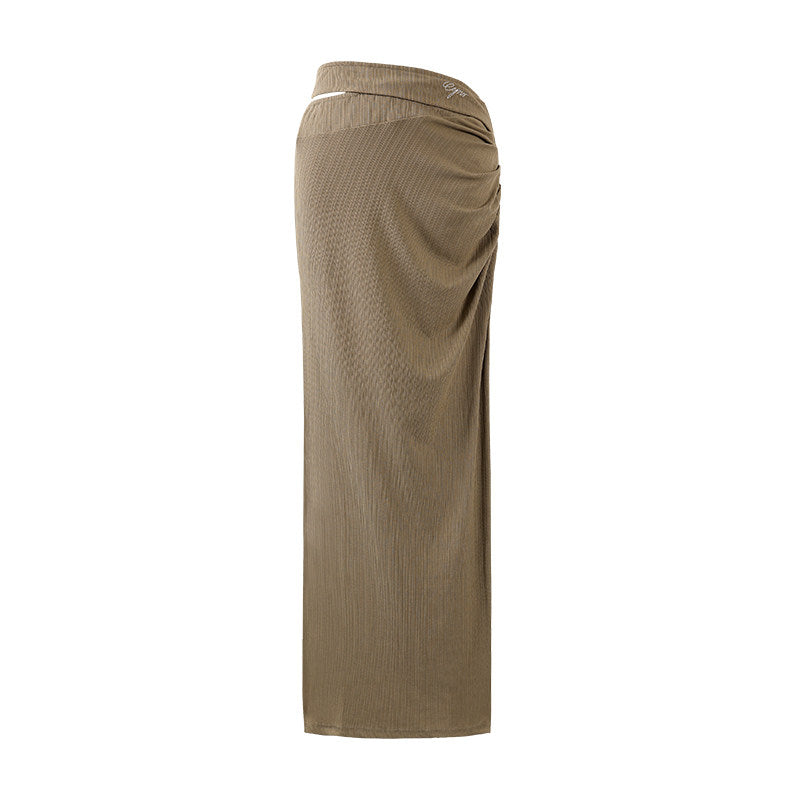Playful Textured Top Ruched Sheath Maxi Skirt Chic Beige Asymmetrical Neck Two-Piece Set Long Dress AP6770