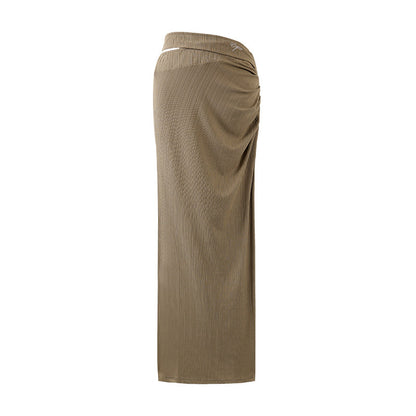 Playful Textured Top Ruched Sheath Maxi Skirt Chic Beige Asymmetrical Neck Two-Piece Set Long Dress AP6770