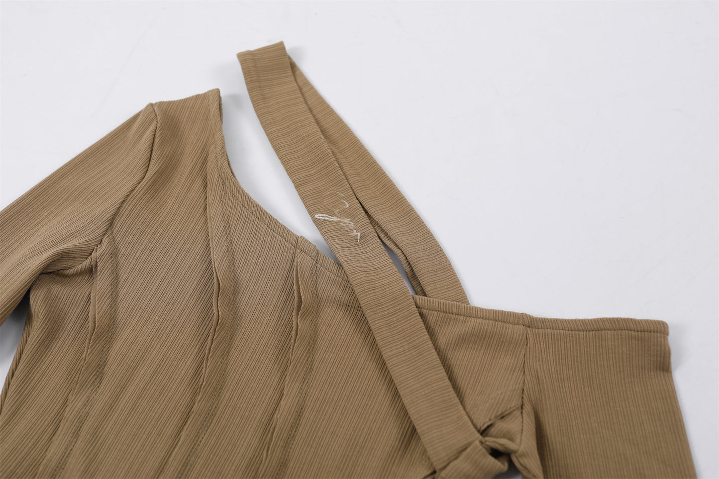 Playful Textured Top Ruched Sheath Maxi Skirt Chic Beige Asymmetrical Neck Two-Piece Set Long Dress AP6770