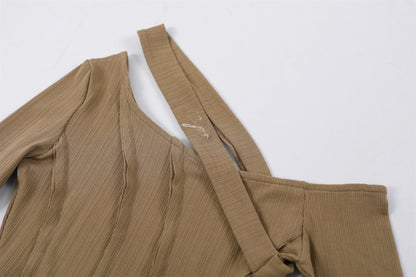 Playful Textured Top Ruched Sheath Maxi Skirt Chic Beige Asymmetrical Neck Two-Piece Set Long Dress AP6770