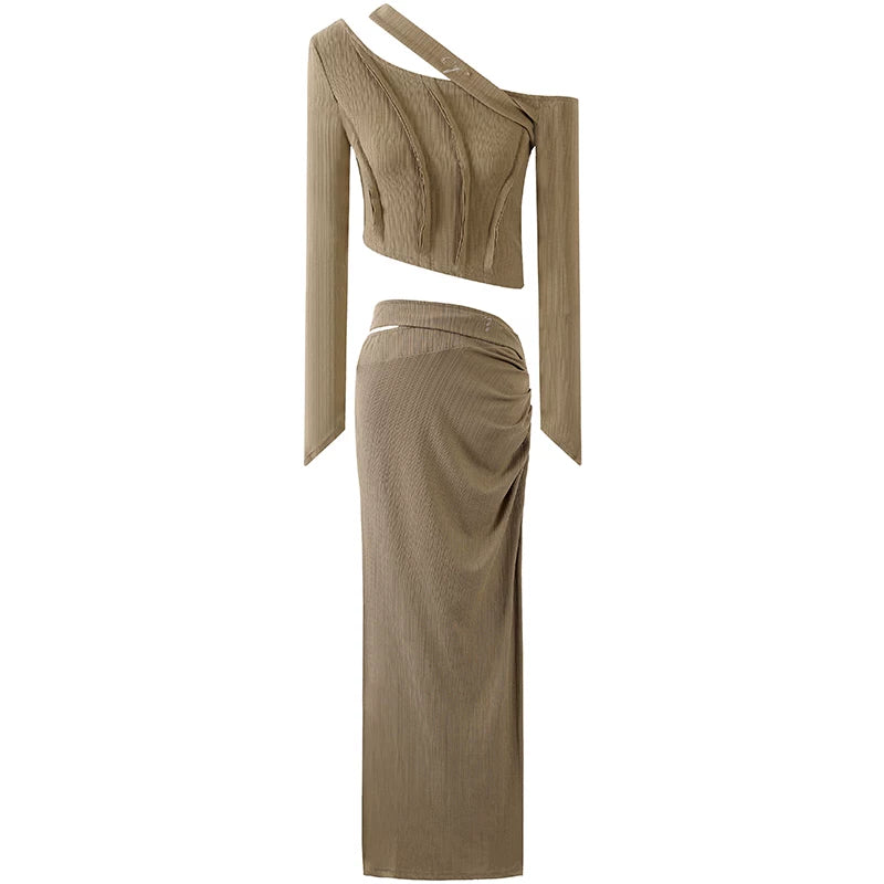 Playful Textured Top Ruched Sheath Maxi Skirt Chic Beige Asymmetrical Neck Two-Piece Set Long Dress AP6770