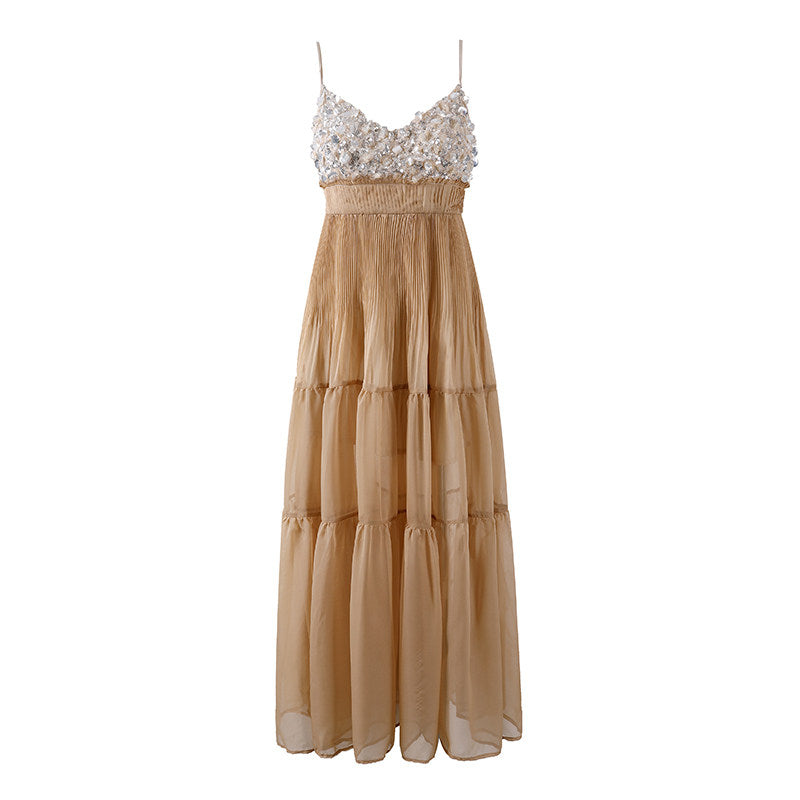 Sparkly Summer Vacations Beaded Bodice A-Line Maxi Dress Boho Spaghetti Strap Tiered Long Dress AP6771