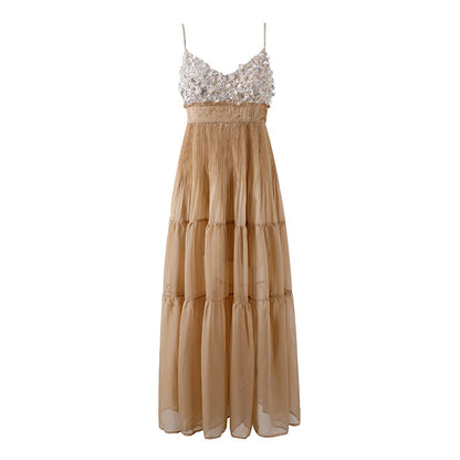 Sparkly Summer Vacations Beaded Bodice A-Line Maxi Dress Boho Spaghetti Strap Tiered Long Dress AP6771