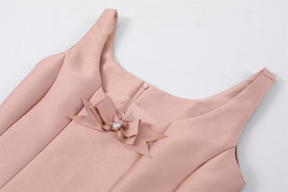 Dopamine Style Crystal Rhinestone Bow A-Line Mini Skirt Chic Blush Pink Sleeveless Tulle Hem Party Glam Short Dress AP6772