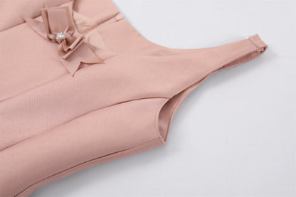 Dopamine Style Crystal Rhinestone Bow A-Line Mini Skirt Chic Blush Pink Sleeveless Tulle Hem Party Glam Short Dress AP6772