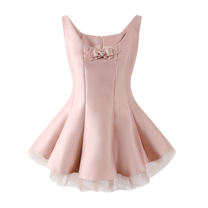 Dopamine Style Crystal Rhinestone Bow A-Line Mini Skirt Chic Blush Pink Sleeveless Tulle Hem Party Glam Short Dress AP6772