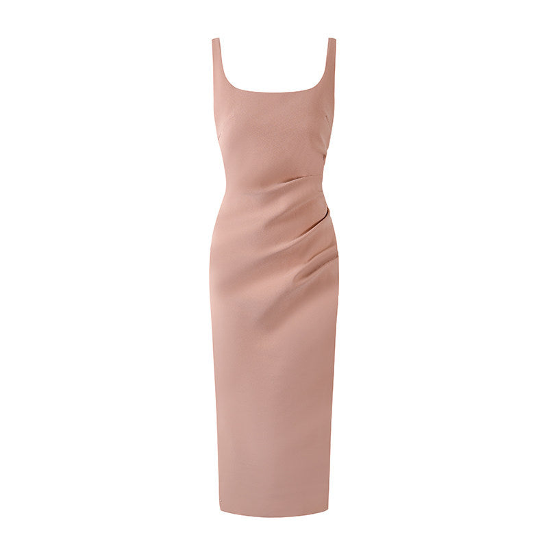 Fitted Thick Straps Square Neckline Long Dress Elegant Ruched Side Gold Detail Formal Wear Sheath Midi Dress AP6773