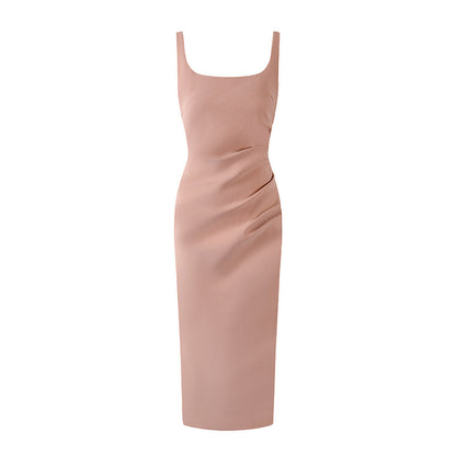 Fitted Thick Straps Square Neckline Long Dress Elegant Ruched Side Gold Detail Formal Wear Sheath Midi Dress AP6773