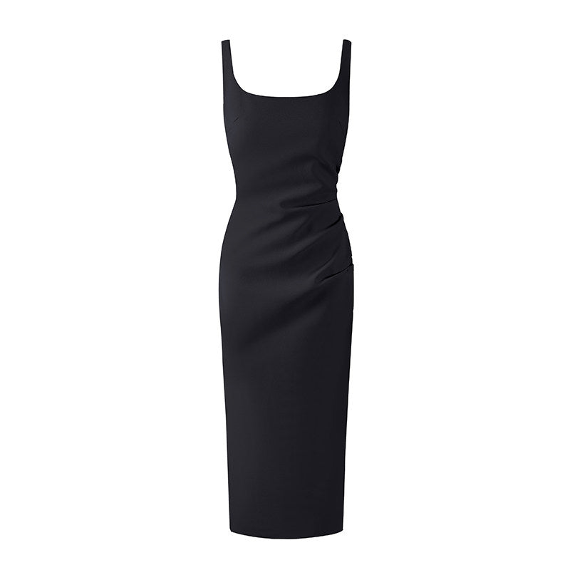 Fitted Thick Straps Square Neckline Long Dress Elegant Ruched Side Gold Detail Formal Wear Sheath Midi Dress AP6773