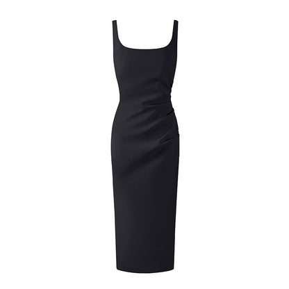 Fitted Thick Straps Square Neckline Long Dress Elegant Ruched Side Gold Detail Formal Wear Sheath Midi Dress AP6773