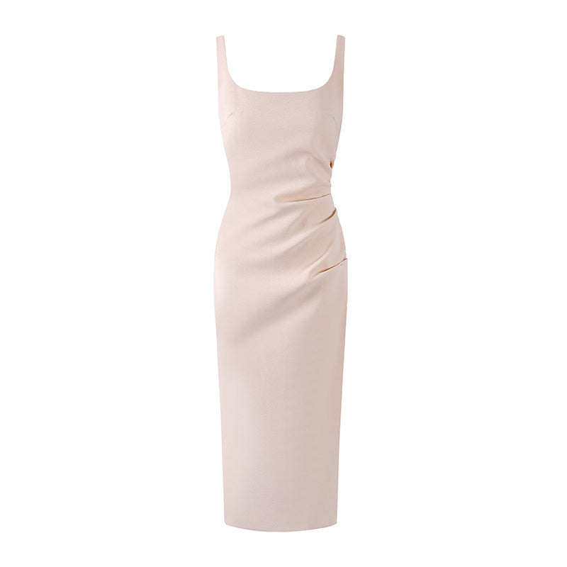 Fitted Thick Straps Square Neckline Long Dress Elegant Ruched Side Gold Detail Formal Wear Sheath Midi Dress AP6773