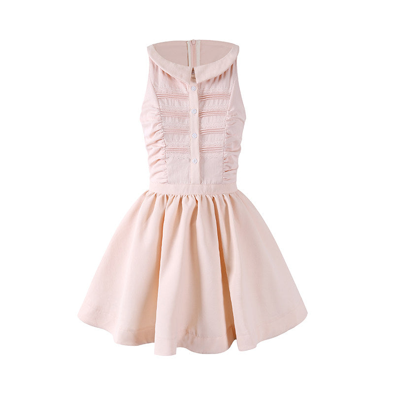 Adorable Jewel Neck Button Front A-Line Mini Skirt Romantic Sleeveless Textured Ruched Bodice Flared Short Dress AP6774