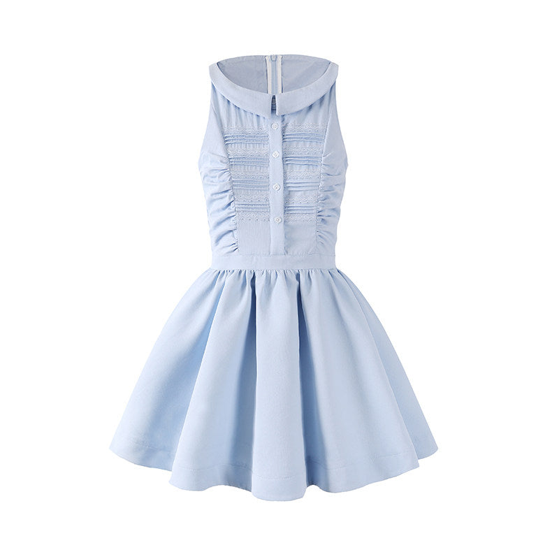 Adorable Jewel Neck Button Front A-Line Mini Skirt Romantic Sleeveless Textured Ruched Bodice Flared Short Dress AP6774