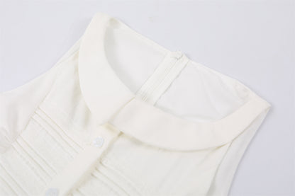 Adorable Jewel Neck Button Front A-Line Mini Skirt Romantic Sleeveless Textured Ruched Bodice Flared Short Dress AP6774
