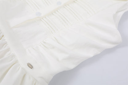 Adorable Jewel Neck Button Front A-Line Mini Skirt Romantic Sleeveless Textured Ruched Bodice Flared Short Dress AP6774