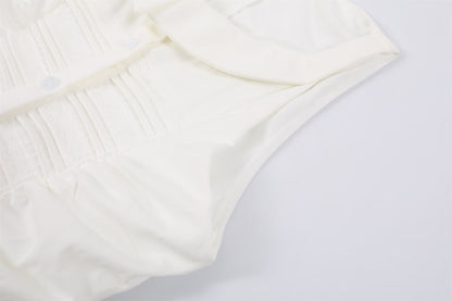 Adorable Jewel Neck Button Front A-Line Mini Skirt Romantic Sleeveless Textured Ruched Bodice Flared Short Dress AP6774
