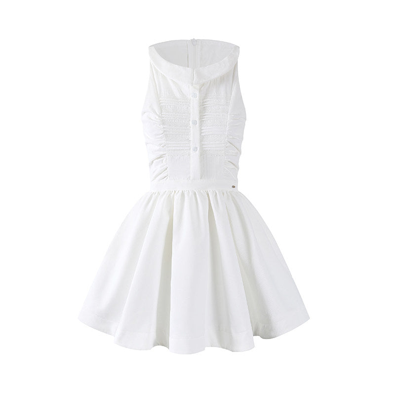 Adorable Jewel Neck Button Front A-Line Mini Skirt Romantic Sleeveless Textured Ruched Bodice Flared Short Dress AP6774