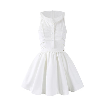 Adorable Jewel Neck Button Front A-Line Mini Skirt Romantic Sleeveless Textured Ruched Bodice Flared Short Dress AP6774