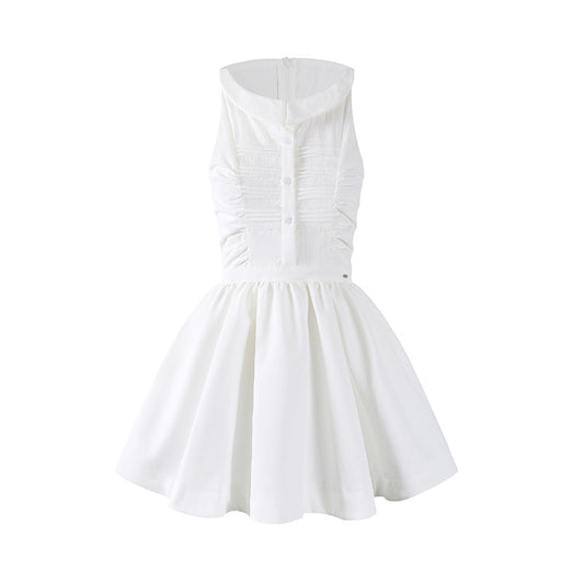 Adorable Jewel Neck Button Front A-Line Mini Skirt Romantic Sleeveless Textured Ruched Bodice Flared Short Dress AP6774