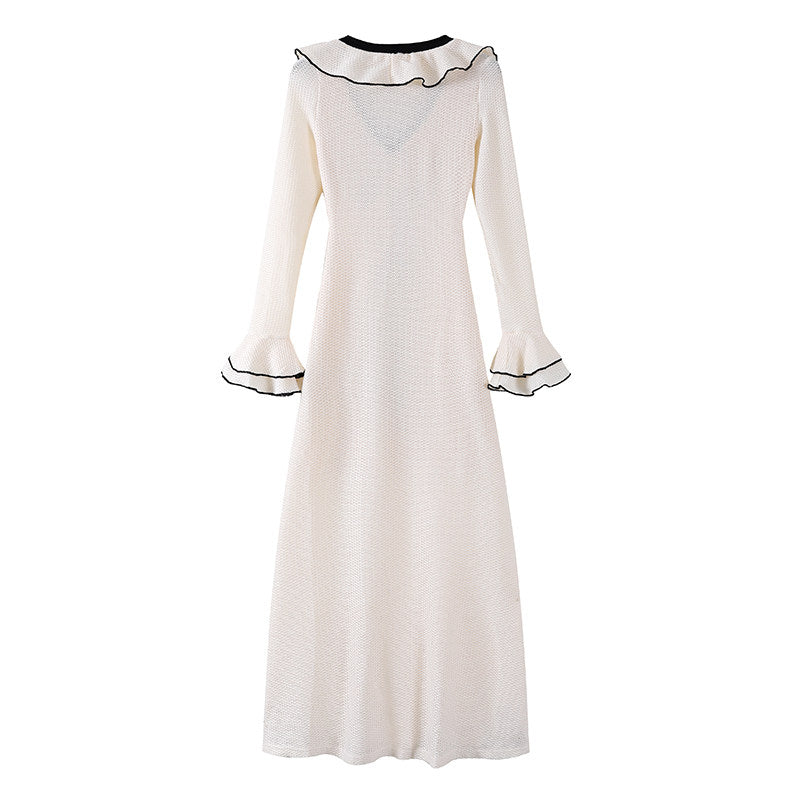 Flattering Ivory Knit Deep Plunge V-Neck A-Line Maxi Dress Chic Black Ribbon Ruffled Cuffs Long Sleeves Date Night Long Dress AP6775