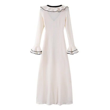 Flattering Ivory Knit Deep Plunge V-Neck A-Line Maxi Dress Chic Black Ribbon Ruffled Cuffs Long Sleeves Date Night Long Dress AP6775