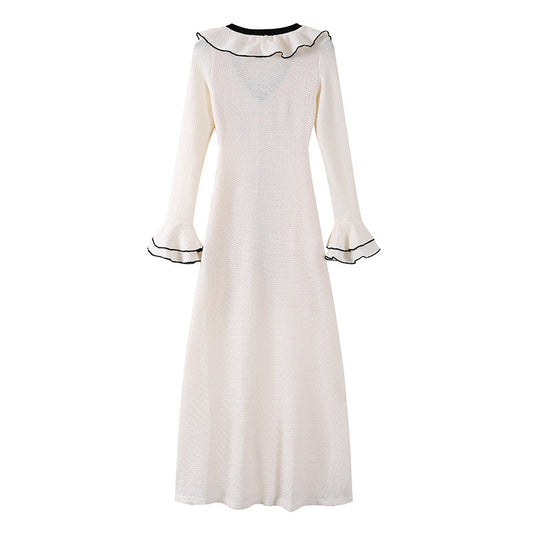 Flattering Ivory Knit Deep Plunge V-Neck A-Line Maxi Dress Chic Black Ribbon Ruffled Cuffs Long Sleeves Date Night Long Dress AP6775